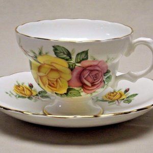 Crown Bone China England Yellow and Pink Roses Tea Cup and Saucer